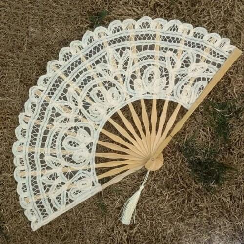 Lace Hand Fan Handmade Embroidery Double Deck Folding Fans Beige Wedding Favors Arts and Crafts#376