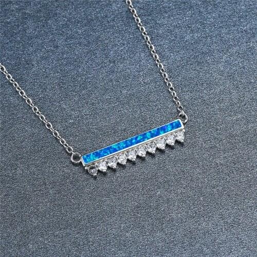Cute Blue Square Opal Pendant Necklace Trendy Female White Crystal Wedding Necklace Charm Silver Color Chain Necklaces For Women