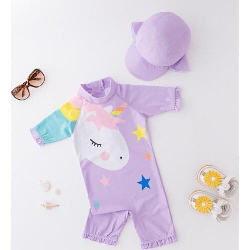 2021 New Unicorn One-Piece Children Swimwear Kids Wetsuit Sunscreen Beach Swimsuit Swimsuit Zipper Long Sleeve Girl Bikini
