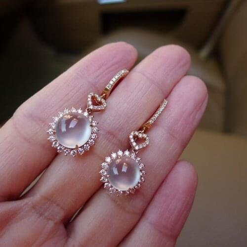 Original new diamond-studded love natural chalcedony egg round earrings elegant charm creative retro female silver jewelry