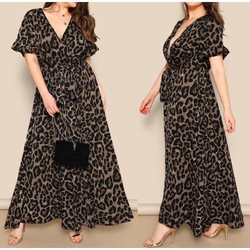 Elegant Leopard Party Dress 2021 Long Dress Women Vintage Long Beach Dress Loose Long Sleeve V-neck A-line Sexy Party Dress