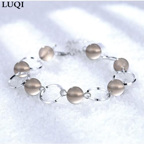 S925 silver fashion and elegant gray agate spar round bead silver ring bracelet, for girlfriend and best friend W136