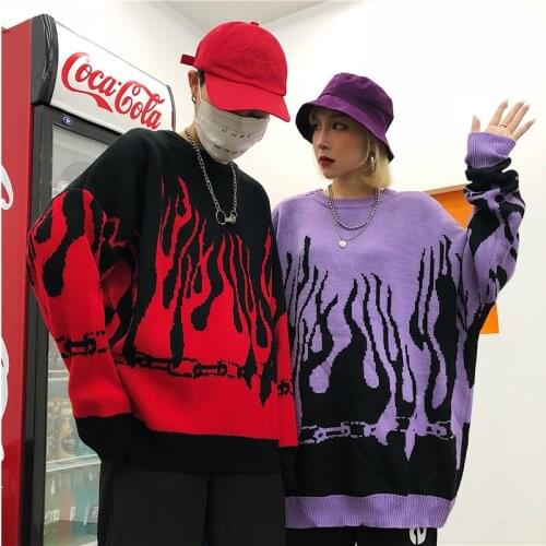 Couple Sweater Harajuku Hip Hop Flame Fire Sweaters Knit 2021 Autumn Winter Man Women Outfits Loose Pullover Fashion Tops Unisex