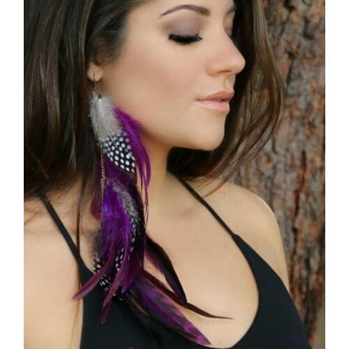 Gorgeous Purple black and white polka dot Feather Earrings Extra Long Feather Earrings - Long Brown Feather Earrings