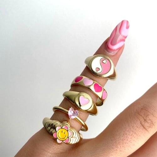 Y2K Jewelry Pink Heart Rings For Women Metal Cartoon Candy Color Cute Vintage Harajuku Rings Charms 90s Aesthetic 2021 New