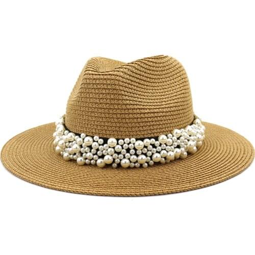 Womens hat British style jazz straw hat summer outdoor travel sunscreen pearl big brim sun hat sun hat Panama wedding hat