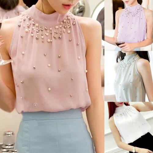 Womens Top Women Blouses Stylish Women Solid Color Sleeveless Mock Neck Halter Blouse Beads Chiffon Top Fashion Clothing