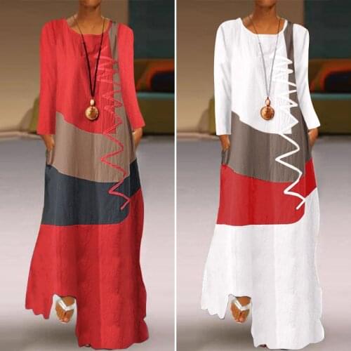 ZANZEA 2021 Womens Autumn Sundress Stitching Maxi Dress Casual Long Sleeve Tunic Vestidos Female Cotton Linen Robe