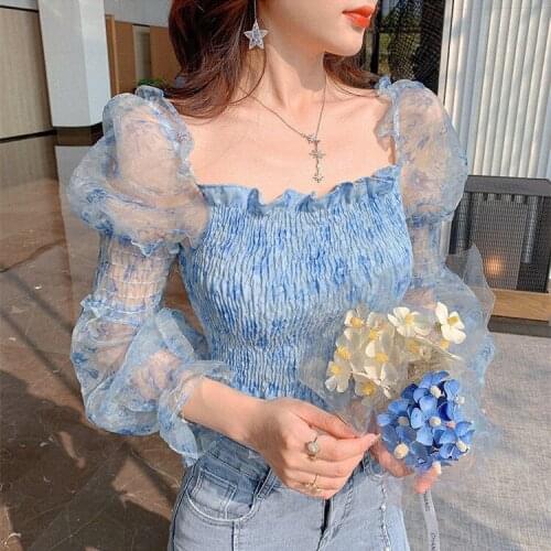 Sweet Fresh Square Collar off-Shoulder Slim Mesh Floral Top 2021 Summer New Organza Sun Protection Clothing for Women
