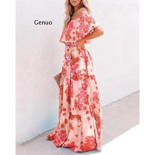 Womens Printed Big Swing Dress Western Red Blue Rainbow Color Long Skirt Summer One Shoulder Sexy Fashion Vacation Sweet 2021