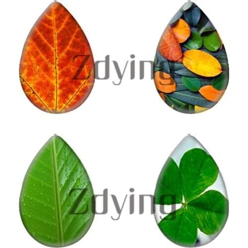 Zdying 13x18mm/18x25mm Gree /Red Leaves Leaf Water Tear Drop Glass Photo Cabochon Demo Flat Back DIY Rings Jewelry Findings
