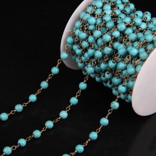 5Meter/lot,6mm Blue Turquoises Round bead Chain,Turquoises Link Brass Wire Wrapped Rosary Chain DIY Necklace Jewelry