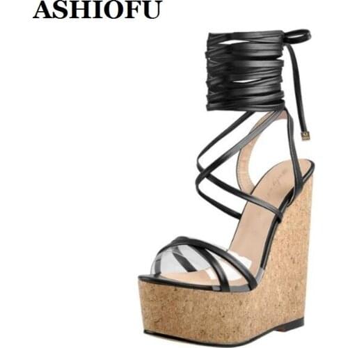 ASHIOFU New Handmade Lace-up Wooden Platform Wedge Sandals Sexy Party Summer Shoes Evening Club Plus Size Fashion Sandals Shoes
