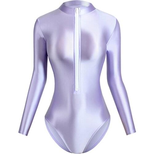 XCKNY One piece swimsuit womens sexy tight front zipper back zipper two high slit sexy glossy long sleeve Swimsuit Bottom coat