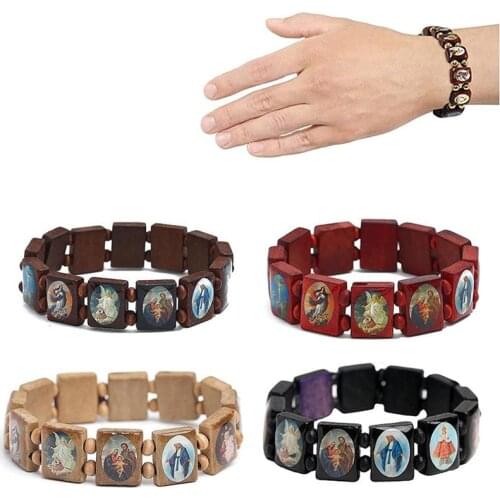 Wooden Rosary Jesus Bracelet Elastic Coloured Beads Catholic Bangle Picture Of Religious Saints Holy Gods Devotion Bracelet