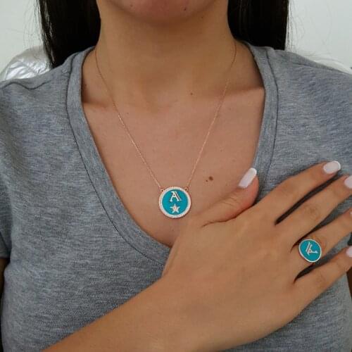 Blue Enamel Rose Gold Initial Letter Necklace For Women A-Z Alphabet Pendant 925 Silver Personalized Jewelry Ring Set Bijoux New