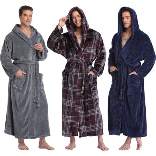 Witbuy Men Casual Kimono Bathrobe Winter Flannel Long Robe With Pocket Thick Warm Hooded Sleepwear Nightgown Male Loose Homewear