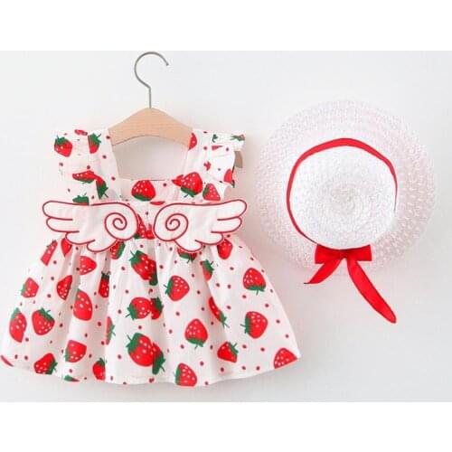 Girls Cotton Sweet Dress Girls Summer New strawberry printing Princess Dress Kid Wing Sling Printed Dress Send Free Hat 1-3T
