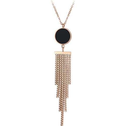 JeeMango Classic Black Round Shell Tassel Pendant Necklace For Women Stainless Steel Wedding Female Necklace Jewelry N18046