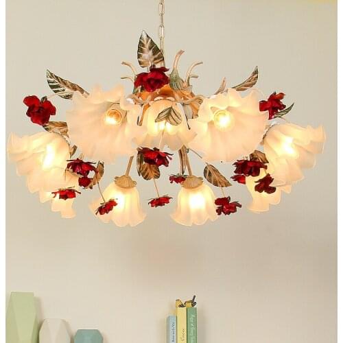 Pastoral style Korean wrought iron pendant light pink rose flower bedroom dining room hanging lighting lamp