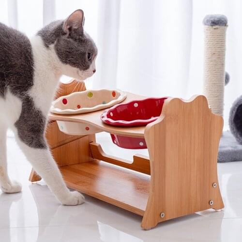 Cute Pets Double Bowl Dog Cat Food Water Feeder Stand Raised Ceramic Dish Bowl Wooden Table Pet Supplies MJ71707