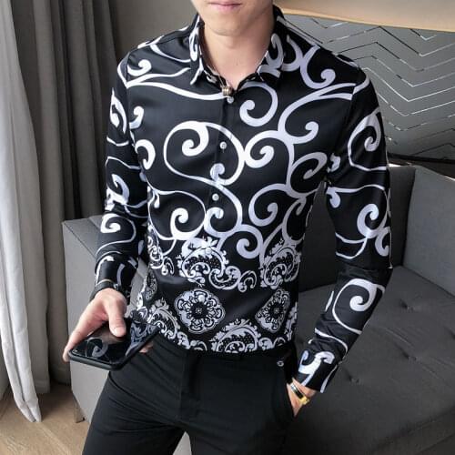 Autumn Black 2020 White Printing Male Flower Shirt Luxury Print Social Tuxedo 4XL Streetwear Mens Shirts Slim Fit Dress Shirt