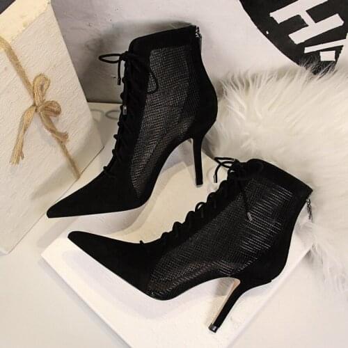 European And American-Style High Heel Pointed Cross Lace-up Suede Pointed-Toe Mesh Hollow Sexy Nightclub Lace-up Ankle Boots