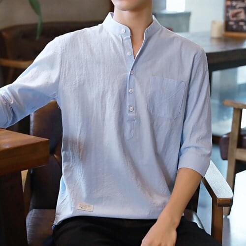 Solid Color Casual Shirts for Men Cotton Linen Shirt Top Male 3/4 Sleeve Stand Collar Shirts chemise homme camisas para hombre