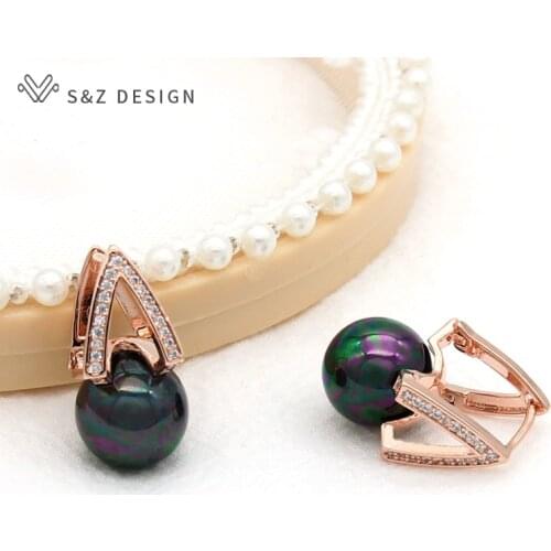 S&Z DESIGN Round Colorful Simulated Pearl Dangle Earrings For Women Wedding Fashion Jewelry 585 Rose Gold Cubic Zirconia Eardrop