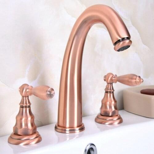 Deck Mounted 3 Holes Bath Tub Mixer Tap Vintage Retro Antique Red Copper Brass Widespread 2 Handles bathroom basin Faucet arg065