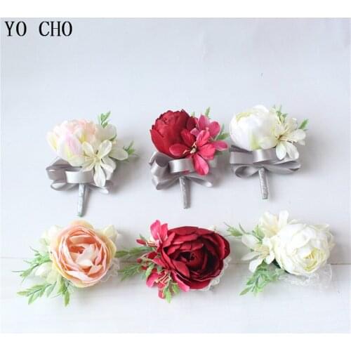 YO CHO DIY Artificial Flowers Bride Wedding Decoration Rose Peony Wrist Bracelet Hand Flower Home Decor Silk Boutonniere Corsage