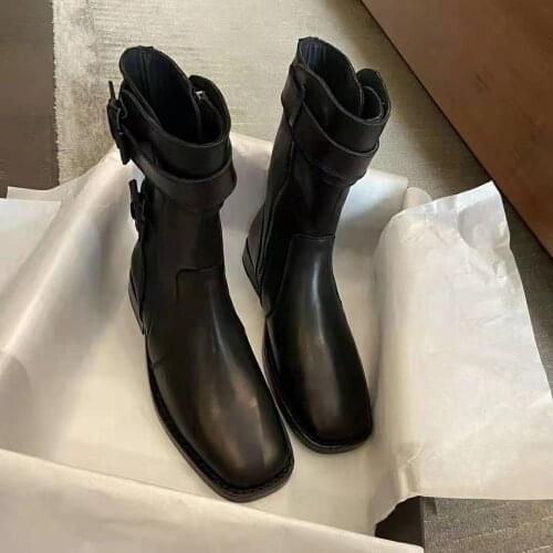 Womens Shoes Black Original Genuine Leather Buckle Boots Paris Fashion Show Cool Boots