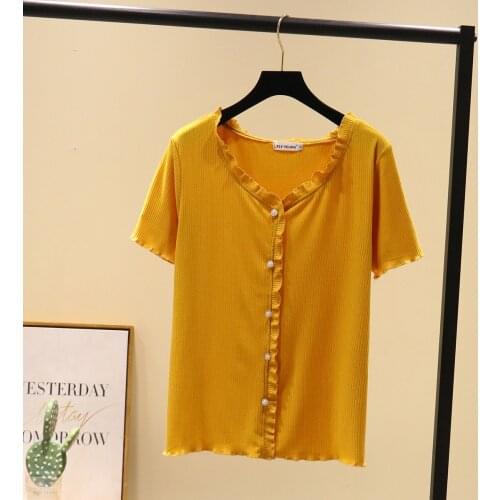 Women tunic plus size 2021 Casual Summer women tops Short sleeve lace collar yellow black white ruffles Woman T-shirts