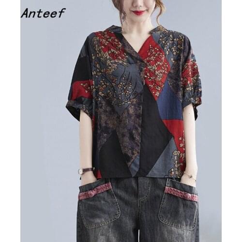 Short sleeve cotton vintage floral casual loose summer tee t shirt women t-shirt ladies tshirt 2021 tops streetwear clothing