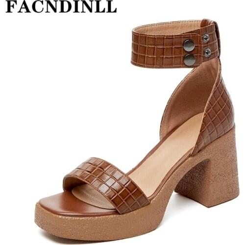 2021 New Genuine Leather Women Sandals Square High Heels Dress Party Shoes Summer Fashion Platform Ladies Pumps Black Brown 39