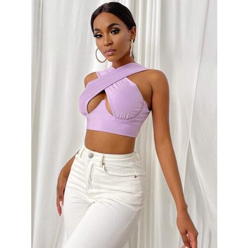 Womens Cropped Summer Brown Top Criss Cross Tank Sexy Sleeveless Solid Cutout Front Top Party Club Streetwear Lady Bustier Tops