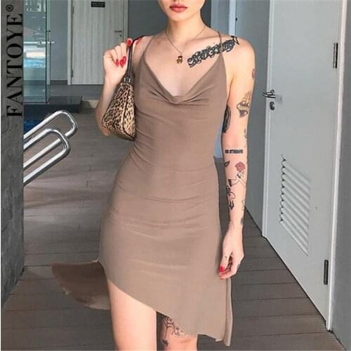FANTOYE Asymmetrical Cross Spaghetti Strap For Women Dress Sexy V Neck Backless Summer Dresses Skinny Partywear Female Vestidos