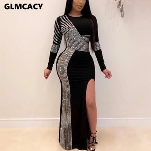 Women Long Sleeve Sexy Sequined Detail High Slit Maxi Dress Elegant Foraml Party Classy Black Dress