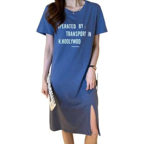 100% Cotton Casual Dress Women High Waist Summer Dress 2021 Short Sleeve Letter Split Fork Mini Dresses Vestidos Robe Femme