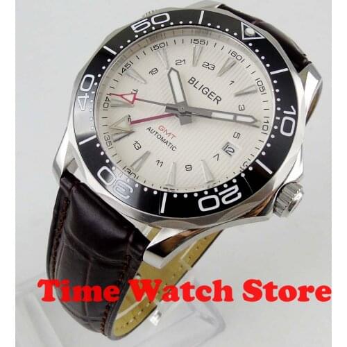 2019 New 41mm Bliger GMT Mechanical Automatic wrist watch men waterproof white dial leather strap luminous sapphire Luxury 809