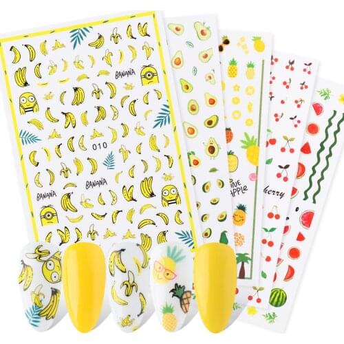 1pc Banana Avocado Fruits 3D Sticker For Nail Art Cartoon Character Adheisve Slider UV Gel Manicure Tips Decoration LY1804-1