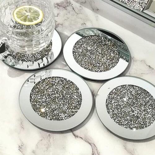 4Pcs Glass Mirrored Coaster Tea Cup Mat Crushed Diamond Cup Pad Coffee Coaster Restaurant Kitchen Dining Desktop Decoration