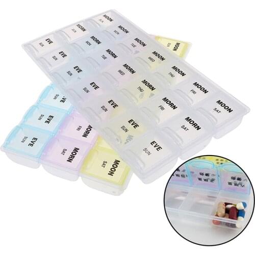 7 Days Weekly Transparent/Colorful 21 Compartment Lid Tablet Pill Box Holder Portable Medicine Storage Organizer Case Container