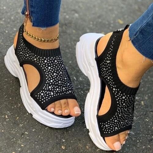 Siddons Women Platform Wedges Sandals Luxury Crystal Studs Designer Shoes Woman High Heels Slip On Female Knit Socks Sandalias