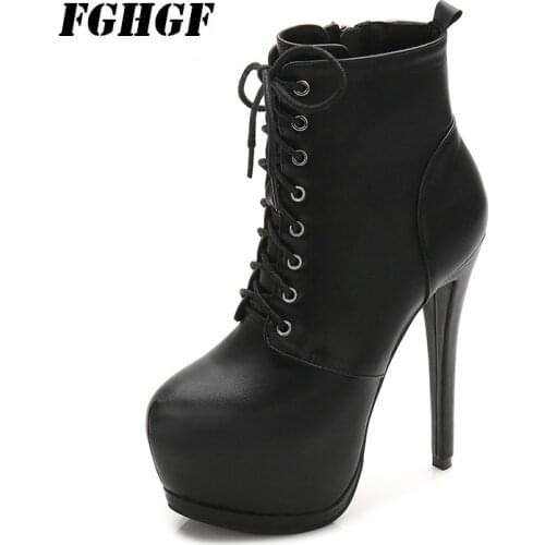 Platform boots with 15 cm heels Super high heel side zipper for lacing womens boots Womens night club banquet black boots