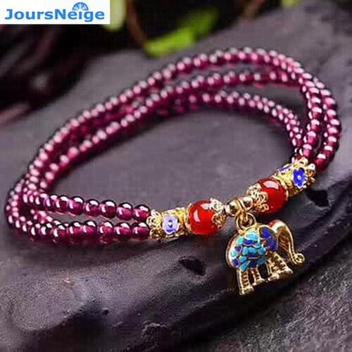 Wholesale Natural Garnet Stone Bracelets Wine Red Bead With Cloisonne Elephant Pendant Bracelet Women Crystal Bohemian Jewelry