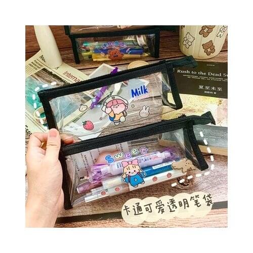 Cartoon cute transparent pencil case waterproof PVC stationery bag Korea ins style girl heart student stationery storage bag
