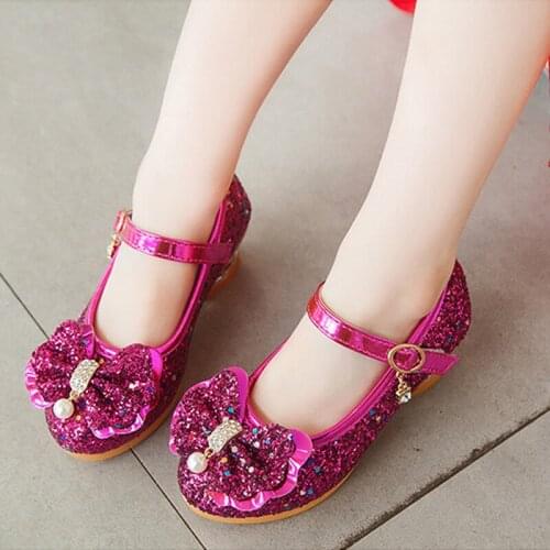 Girls single leather shoes spring and autumn new girls sequin crystal high-heeled shoes princess bling shoes