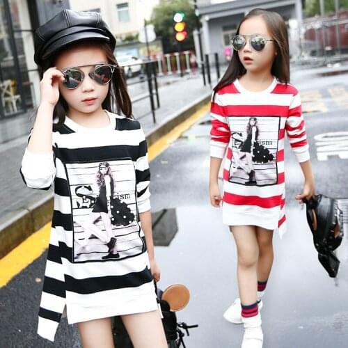 Kids Long Sleeve T-shirts Dresses For Girls 2021 Spring Autumn New Striped Girls Long T-shirt Top Children Hoodies Sweatshirt