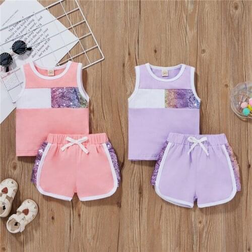 Kids Summer Set Children Contrast Color Clothes Girls Sleeveless O-neck Vest with Sequins + Side Split Shorts Clothing Suit